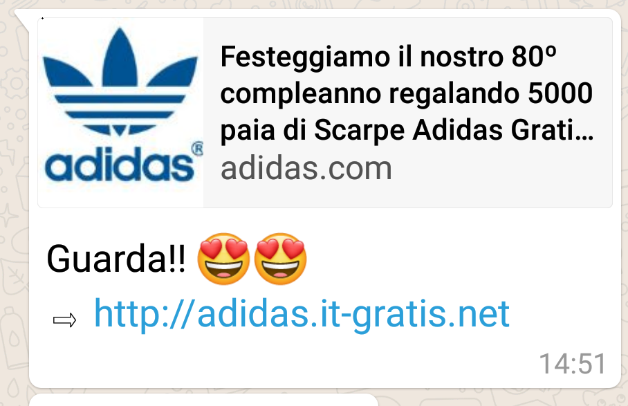 Truffe online Whatsapp: bufala dei messaggi per regali di scarpe Adidas -  Prima Novara