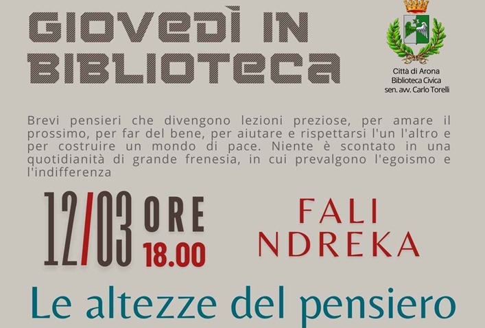 Fali Ndreka presenta ‘Le altezze del pensiero’ ad Arona