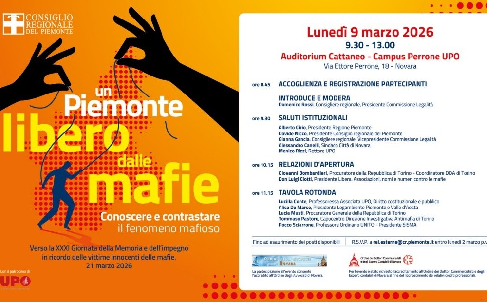 “Un Piemonte libero dalle mafie”: convegno a Novara